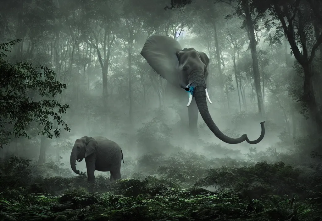 Image similar to an enormous alien elephant king, in a jungle with ominous light from above, ambient light, fog, river, very poetic