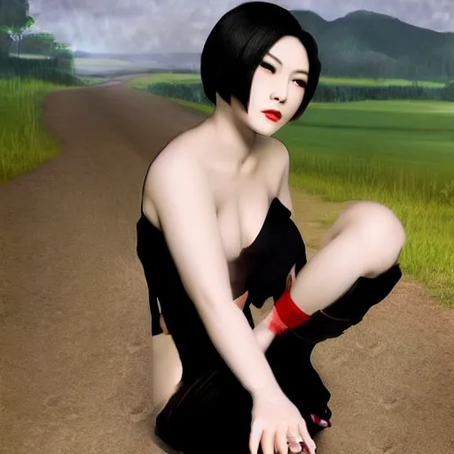 Prompt: ada wong, portrait, countryside background