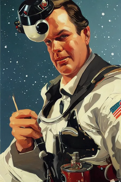 Prompt: rich evans space cop painting by jc leyendecker!! phil hale!, angular, brush strokes, painterly, vintage, crisp