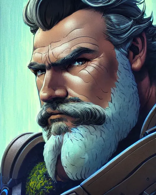 Prompt: reinhardt from overwatch, josh brolin, gray hair and beard, character portrait, portrait, close up, concept art, intricate details, highly detailed, vintage sci - fi poster, vintage sci - fi art, retro future, in the style of chris foss, rodger dean, moebius, michael whelan, and gustave dore
