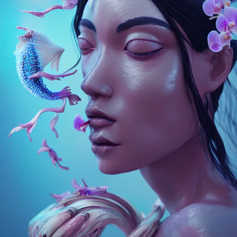 Image similar to goddess full painted acryllic sculpture close-up portrait. orchid bird betta fish, intricate artwork by Tooth Wu and wlop and beeple. octane render, trending on artstation, greg rutkowski very coherent symmetrical artwork. cinematic, hyper realism, high detail, octane render, 8k