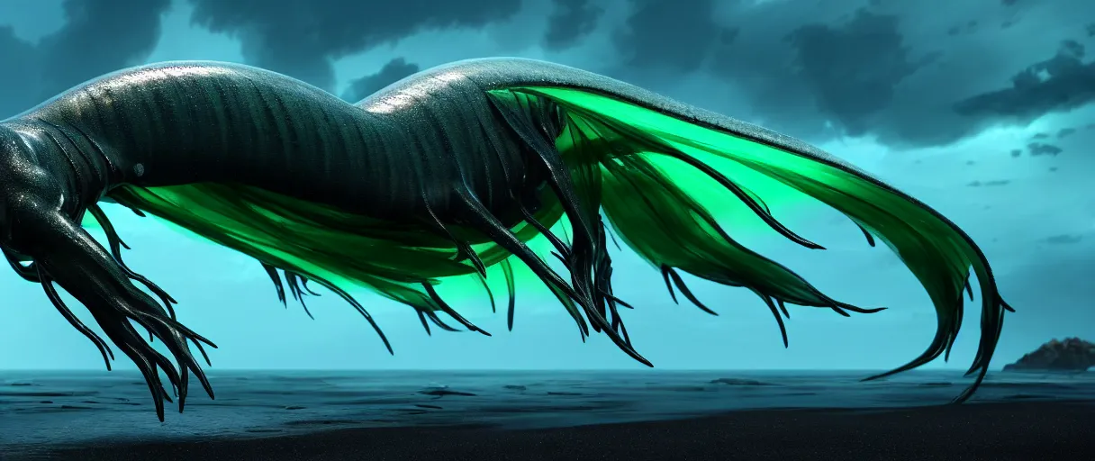 Image similar to a stunning cinematic shot of an slick sleek smooth translucent see - through halitrephes maasi sea monster wearing clothes made of seaweed on a dark stormy beach, with huge luminous sad eyes, sharp claws, cgsociety, hd octane render, fantasy, artstation, deviantart, furaffinity, very very clean, super smooth, thunderclouds, thunderstorm