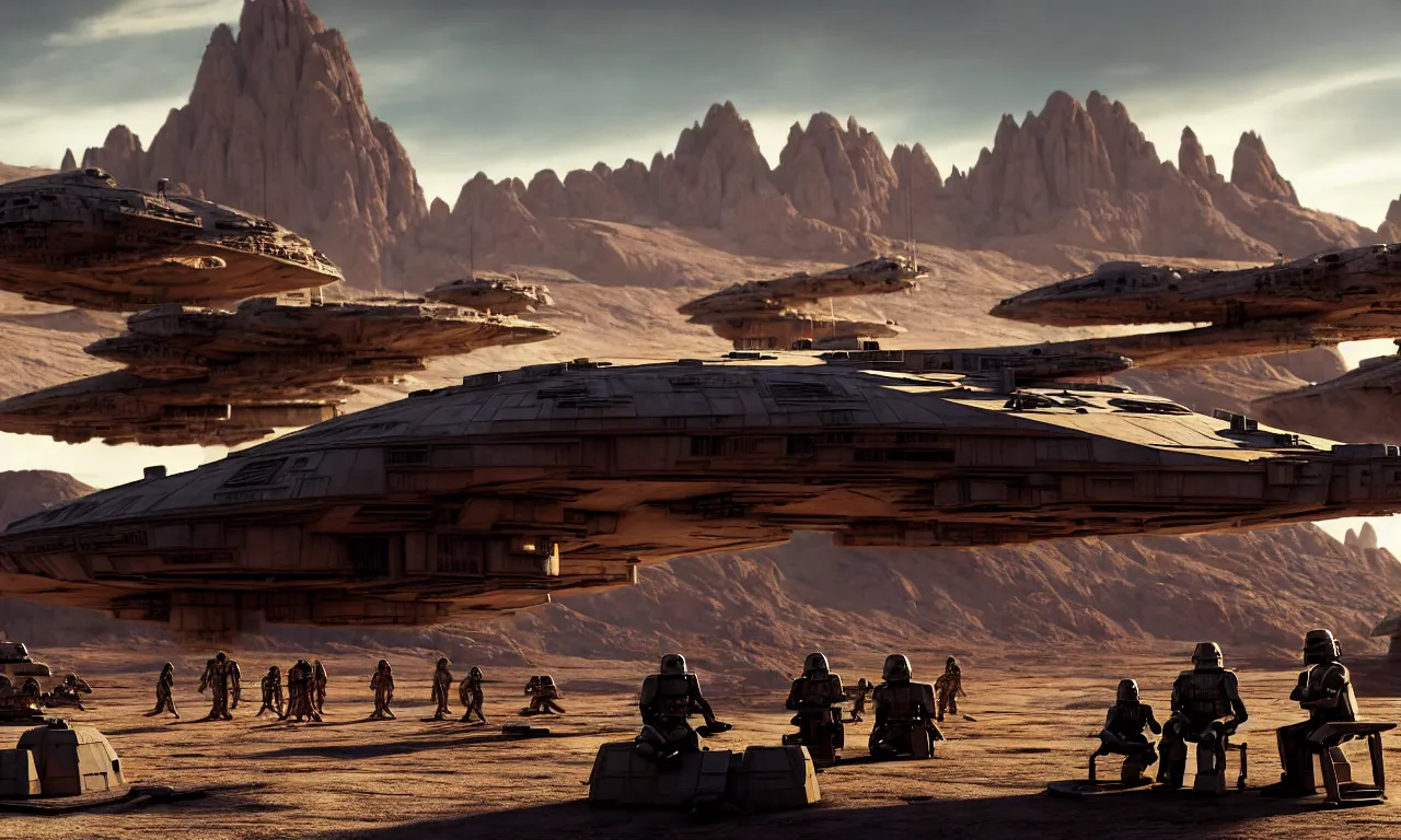 Prompt: sitting small dog watching tired soldiers repairing the millennium falcon from star wars in colorful futuristic landscape, dramatic shadows cast on reflective dirty ground, with mountains in background, volumetric lighting, subsurface scattering, dramatic lighting, high detail, from new scifi by digital domain and weta digital, strong ambient occlusion