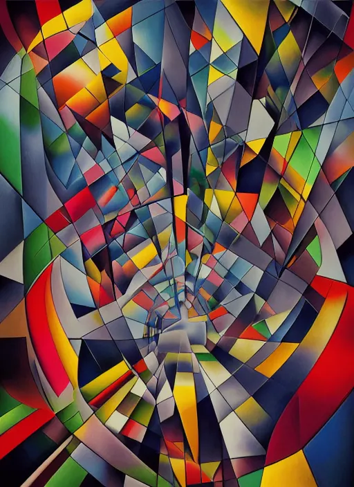 Prompt: A surreal painting of a shattered abstract cubism 3d origami cityscape made of expressive abstract exploded calligraphy font in a tunnel-like 3 point perspective by hr giger and Vladimir kush by dali by kandinsky, 3d, realistic shading, complimentary colors, neon tint, aesthetically pleasing composition, masterpiece, 4k, 8k, ultra realistic, super realistic,