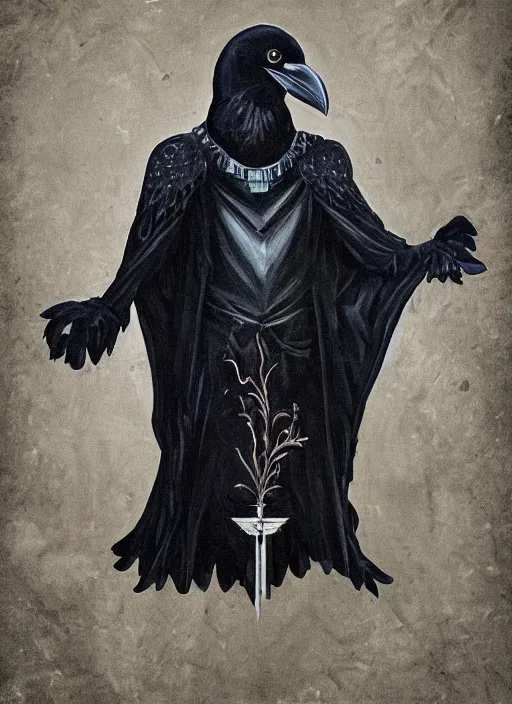 Image similar to portrait centered on a raven in a vantablack cloak and holding a symbolic weapon. painting in the style of symbolism. portrait hung up in a windows 9 8 wallpaper. r / oldschoolfantasy