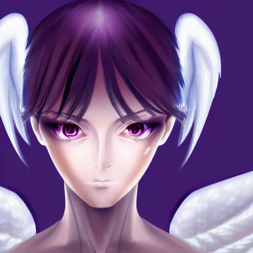Prompt: gorgeous small female android cyborg - angel large angelic wings, left eye gold and right eye silver, cyberpunk - anime character - concept art