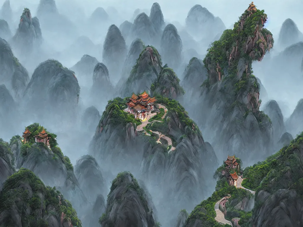 Prompt: futuristic beautiful mountainous landscape of huangshan with buddisht and taoist temples on hilltops on a rainy day by gediminas pranckevicius