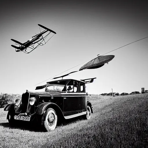 Image similar to old vintage car flyhing above the village, photograph in black and white