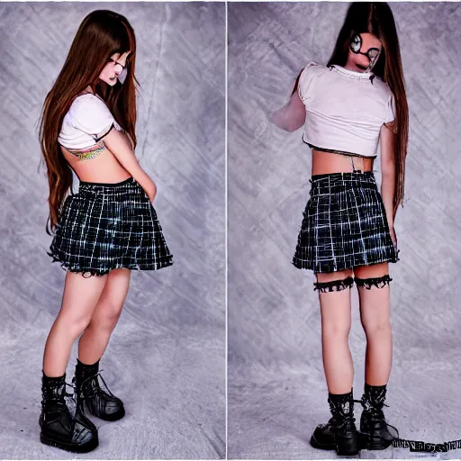 Image similar to gothic teen girl in plaid mini skirt and crop top, intricate, extremely detailed, modeling photography, 8 0 mm camera