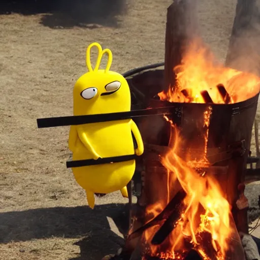 Image similar to lemongrab from adventure time being burned at the stake at a renaissance fair