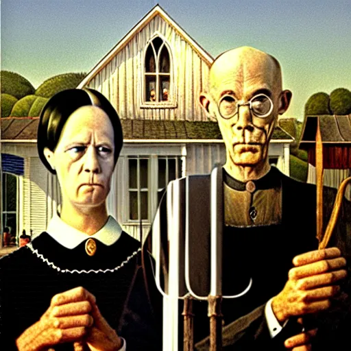 Prompt: baphomet and aleister crowley in the style of american gothic