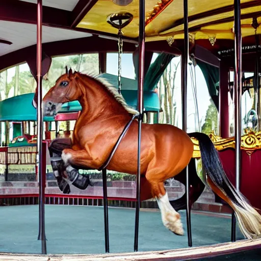 Prompt: professional studio photo of horse hitting a carousel with a plunger