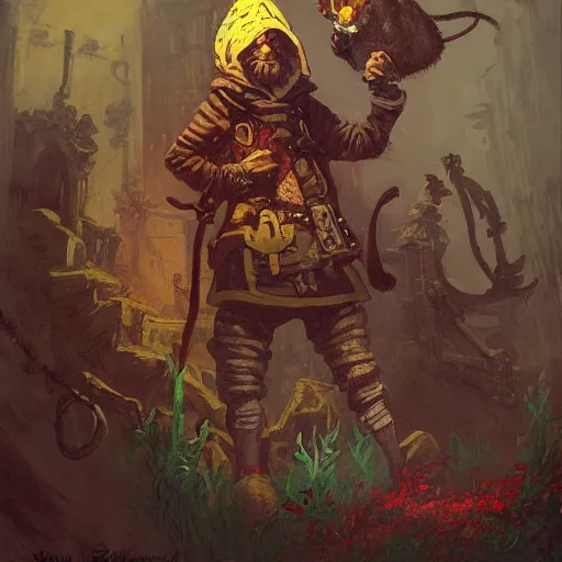 Prompt: A rat tamer protagonist with a collection of bells is exploring the grimdarkest dungeon depths. trending on Pixiv. trending on ArtStation. A vibrant digital oil painting. A highly detailed fantasy character illustration by Wayne Reynolds and Charles Monet and Gustave Dore and Carl Critchlow and Bram Sels