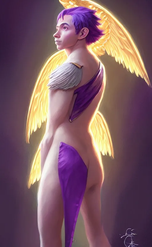 Prompt: a non - binary halfling with cropped hair, golden glowing angel wings on their back, wearing a purple smoking jacket, d & d, fantasy, intricate, elegant, highly detailed, digital painting, artstation, concept art, matte, sharp focus, illustration, art by artgerm and greg rutkowski