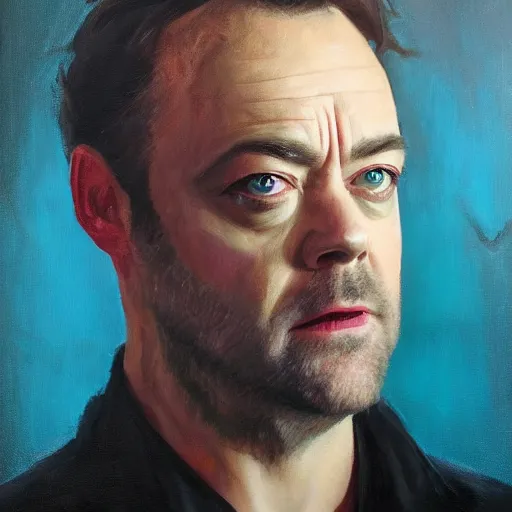 Image similar to mark Sheppard as Crowley, noble portrait, professional painter, oil painting, superior look