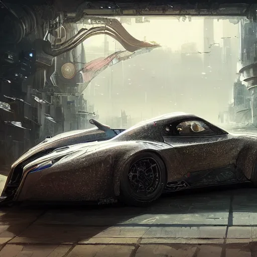 Image similar to full view of a car, intricate, elegant, highly detailed, digital painting, concept art, smooth, sharp focus, art style from Wang Ke and Greg Rutkowski and Bruce Kaiser and Scott Robertson and Dmitry Mazurkevich and Doruk Erdem and Jon Sibal, small hint of cyberpunk style