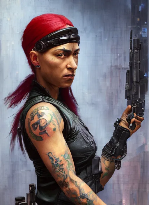 Image similar to maria igwe. cyberpunk mercenary with tattoos wearing a military vest and combat jumpsuit. (Cyberpunk 2077, bladerunner 2049). Iranian orientalist portrait by john william waterhouse and Edwin Longsden Long and Theodore Ralli and Nasreddine Dinet, oil on canvas. Cinematic, hyper realism, realistic proportions, dramatic lighting, high detail 4k