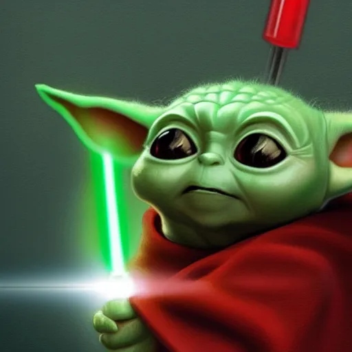 Image similar to Concept art of Baby Yoda holding a red lightsaber