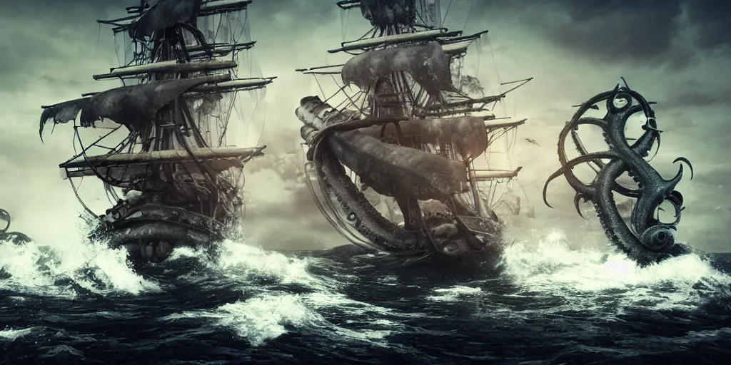 Image similar to pirate ship being attacked by the kraken, kraken attacking pirate ship in rough seas, photorealistic illustration, high quality render, 8 k resolution, octane render