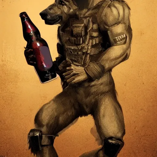 Image similar to a humanoid german shepherd beast - man in military style, holding a bottle of beer, artstation, concept art, smooth, sharp foccus ilustration, artstation