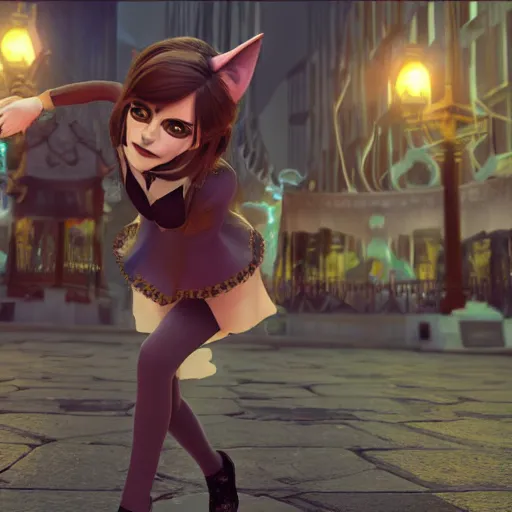 Prompt: emma watson dressed as a catgirl. artstation. 3 d. fantasy city square. highly accurate lines. dynamic lighting. 4 k. genshin impact screenshot