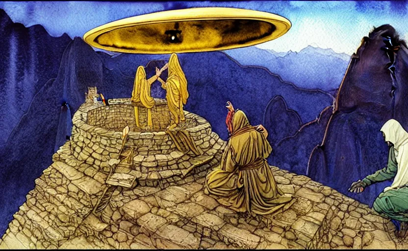 Image similar to a realistic and atmospheric watercolor fantasy concept art of a golden ufo landing on top of machu pichu. in the foreground a female medieval monk in grey robes is kneeling with her hands by her sides. by rebecca guay, michael kaluta, charles vess and jean moebius giraud