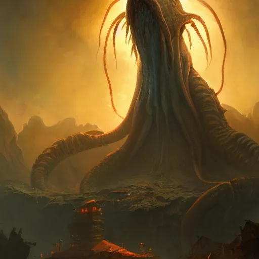 Prompt: gigantic cthulhu, small village for size comparison, dramatic light, painted by stanley lau, painted by greg rutkowski, painted by stanley artgerm, digital art, trending on artstation