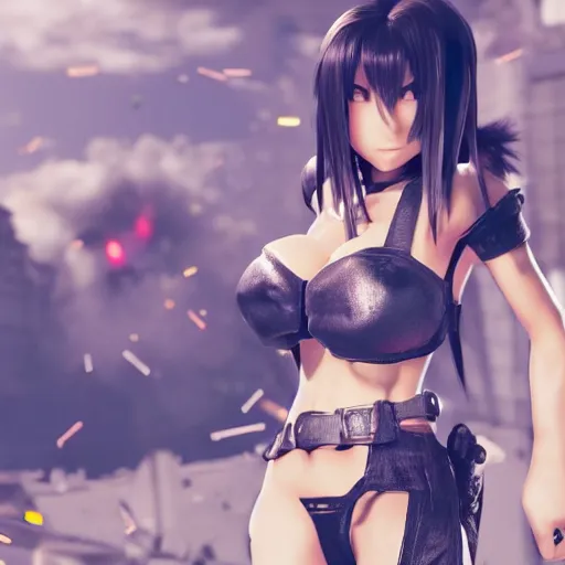 Image similar to a giant giga sized tifa from final fantasy 7 remake having fun destroying a city while smiling, digital art, octane render, award winning, very detailed, full body portrait, 3d render, detailed facial expressions, destroyed city, 4k destruction, fire, video game art, no text, ray tracing