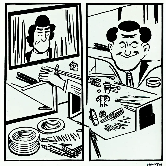 Image similar to a still frame from comic strip, artist at work 1 9 5 0, herluf bidstrup, new yorker illustration, monochrome contrast bw, lineart, manga, tadanori yokoo, simplified,