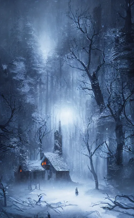 Image similar to a dark fantasy concept art of a snowy forest with a single cabin in the woods, with lights on in the cabin, dynamic lighting, cinematic, ultra detailed, trending on art station, stunning visuals, atmospherical, ambient lighting, realism, lonely vibe