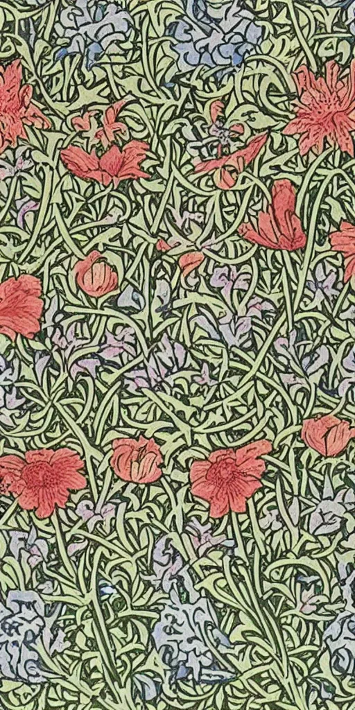 Prompt: spring flowers, happy, beautiful, style of william morris print