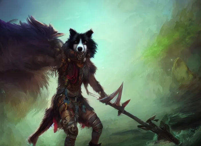 Image similar to wide angle beautiful full body portrait of a cute male anthropomorphic anthro border collie fursona wearing a barbarian outfit in a rainbow, character design by charlie bowater, henry asencio, and ross tran, disney, scenic background, detailed, glamor pose, aesthetic, trending on artstation, furaffinity, deviantart