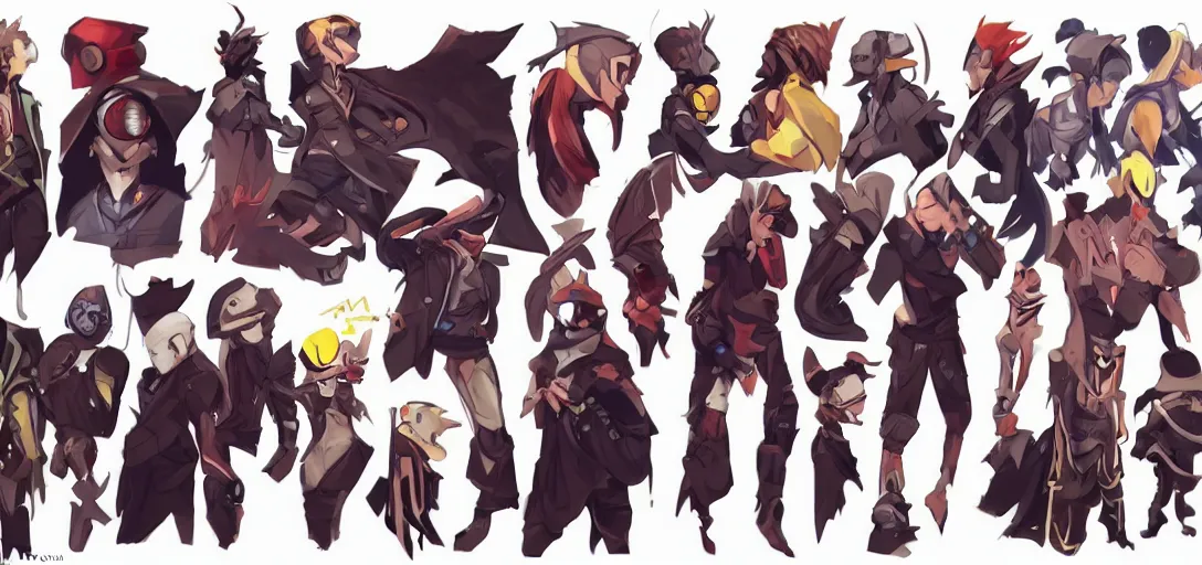 Image similar to concept art of male video game characters head designs, disgaea, flcl, hearthstone, unique silhouettes, cute casual streetwear, by marc brunet and artgerm