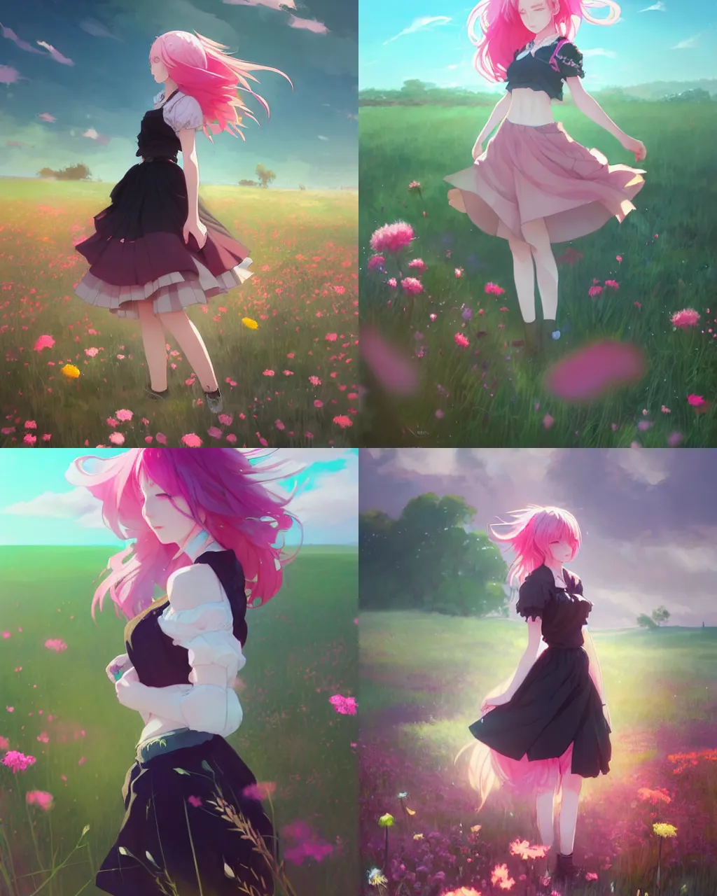 Prompt: a girl with pink hair and black skirt on a field full of colorful flowers, a beautiful half body illustration, top lighting, perfect shadow, soft painting, reduce saturation, leaning towards watercolor, art by hidari and krenz cushart and wenjun lin