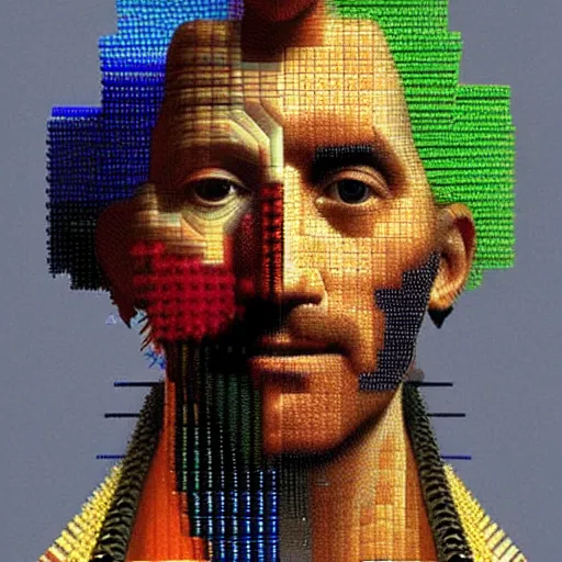 Prompt: portrait photo of a man with Iroquois made from video card parts pixels and voxels and computers, Perfect face, extremely high details, realistic, by Giuseppe Arcimboldo, Edward Hopper, Rene Margitte