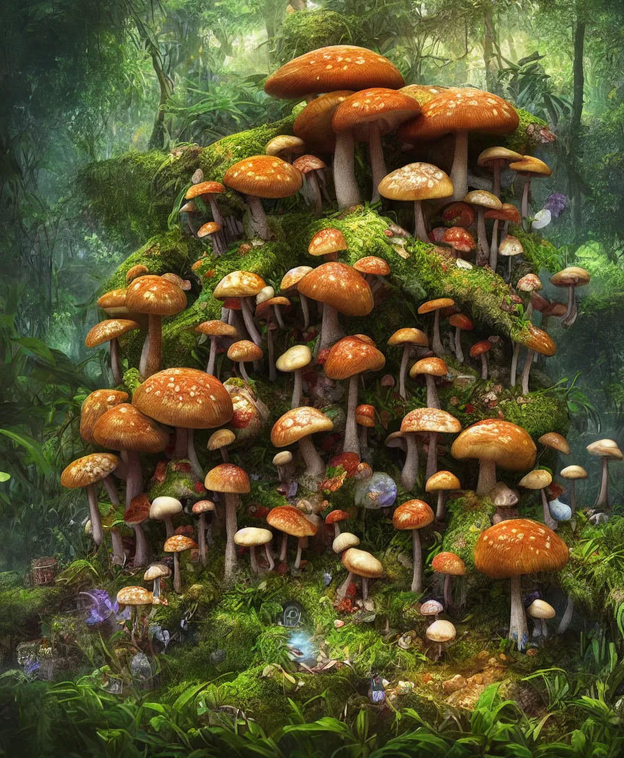 Prompt: of a beautiful Hyperrealistic mushroom house in the middle of the jungle, macro lens, highly detailed, digital painting, trending artstation, concept art, illustration, cinematic lighting, vibrant colors, photorealism, epic, octane render