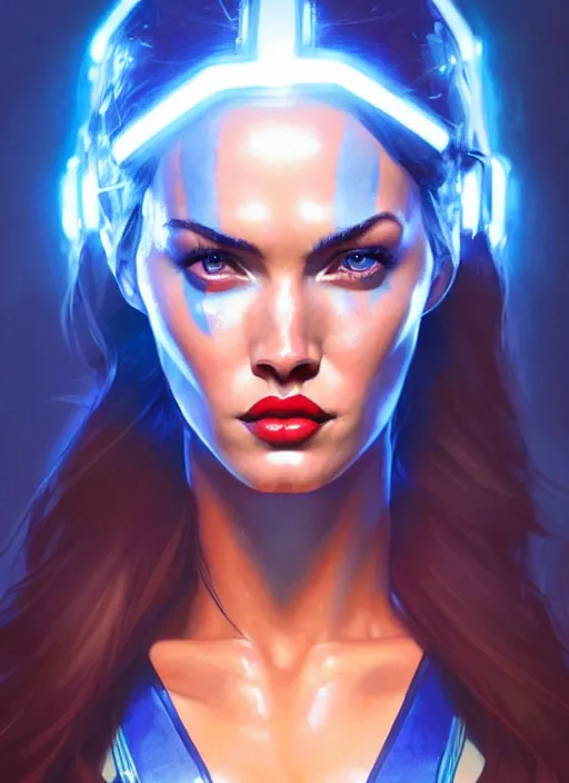 Image similar to portrait of apex legends megan fox as mystique, intricate, elegant, glowing lights, highly detailed, digital painting, artstation, glamor pose, concept art, smooth, sharp focus, illustration, art by artgerm and greg rutkowski, artey freytag