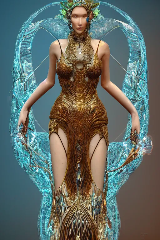 Image similar to a realistic portrait of a beautiful ancient alien woman goddess bella hadid standing in iris van herpen dress jewelery and fractals in style of alphonse mucha art nuvo dmt trending on artstation made in unreal engine 4