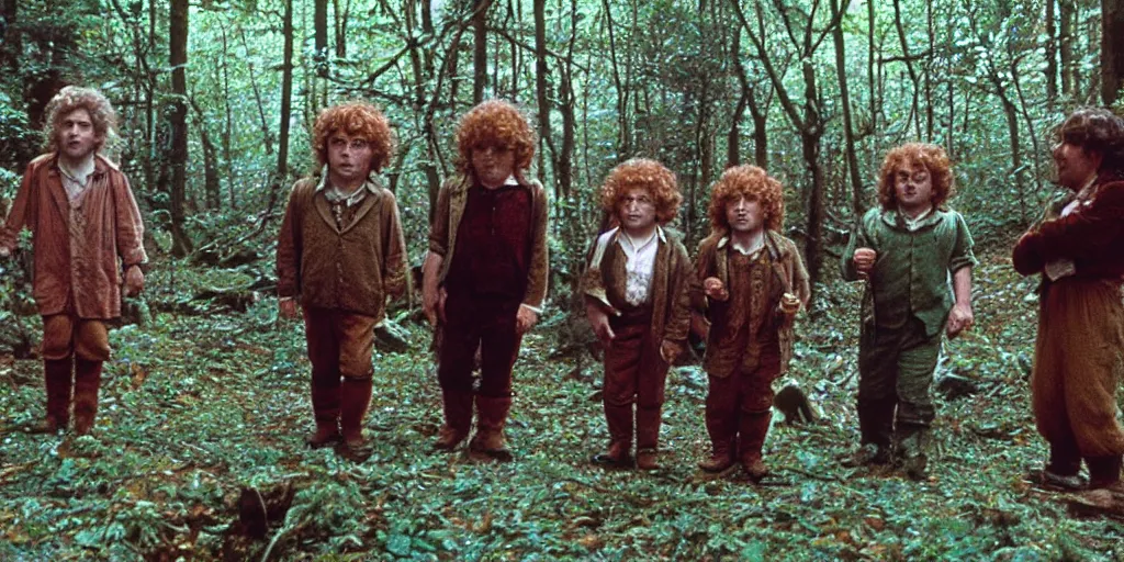 Prompt: A full color still from a Stanley Kubrick film featuring four hobbits in a forest, 35mm, 1975