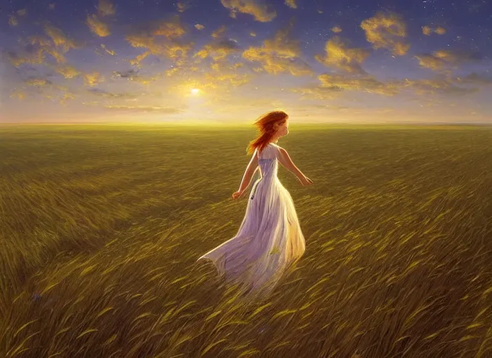 Image similar to a lone princess walks through a vast wheat field in the cosmic sky by vladimir volegov and alexander averin and peder mørk mønsted and guweiz and raphael lacoste