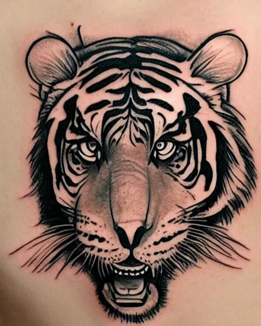 Image similar to tattoo design of a beautiful girl, wearing a tiger head hat, hyper realistic, hyper detailed, in the design of eliot kohek