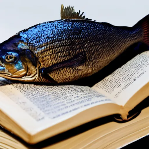 Prompt: a wet fish lying on top of a book