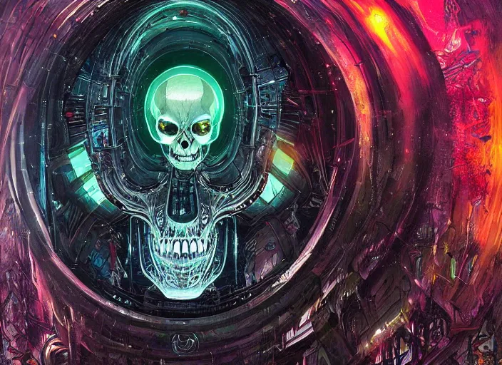 Image similar to a futuristic skull with glowing eyes and a wormhole tunnel cyberpunk art by android jones, featured on artstation, darksynth, synthwave