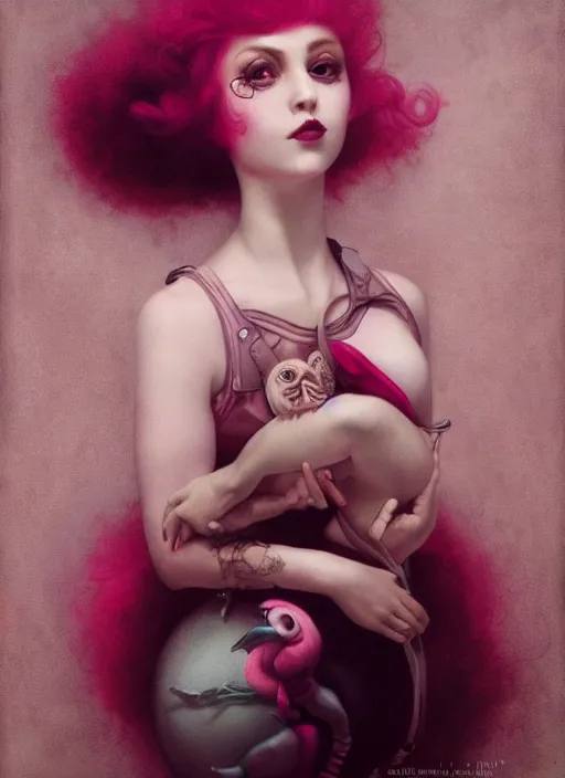 Image similar to pop surrealism, lowbrow art, realistic seductive cute woman painting, pink body harness, hyper realism, muted colours, rococo, natalie shau, loreta lux, tom bagshaw, mark ryden, trevor brown style,