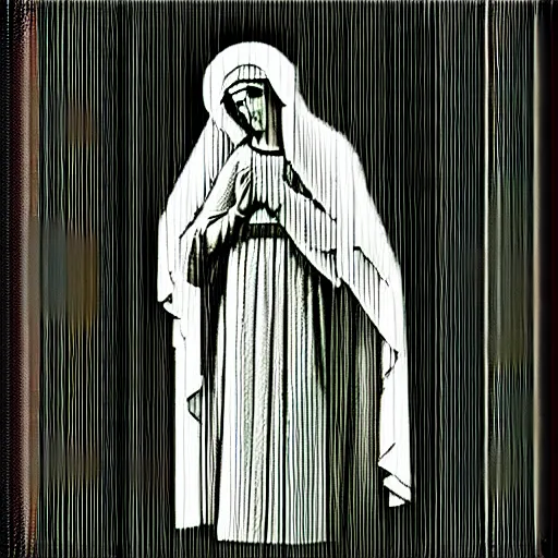 Image similar to vhs static overlay of virgin mary, vhs, 1 9 9 0, highly realistic, highly detailed, vhs noise static, black and white, vhs glitch