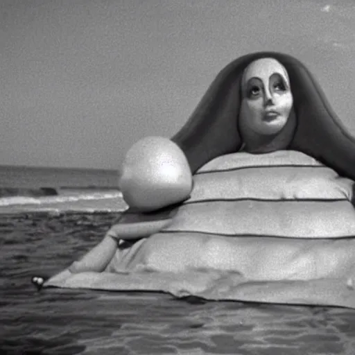 Prompt: middle aged woman with an inflatable head on top of her head, wearing a dress, at the seaside, 1976 French film, archival footage, technicolor film expired film live-action, 16mm