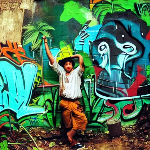 Image similar to “perch-man plays the pots in the deep jungle, graffiti background, detailed, retro Lomo”