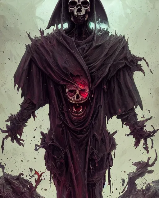 Image similar to death the grim reaper dark evil skull robe decay nightmare by Stanley Artgerm Lau, WLOP, Rossdraws, James Jean, Andrei Riabovitchev, Marc Simonetti, and Sakimichan, trending on artstation, hyperrealist, cinema4D, 8k highly detailed ❤️‍🔥 🔥 💀 🤖 🚀