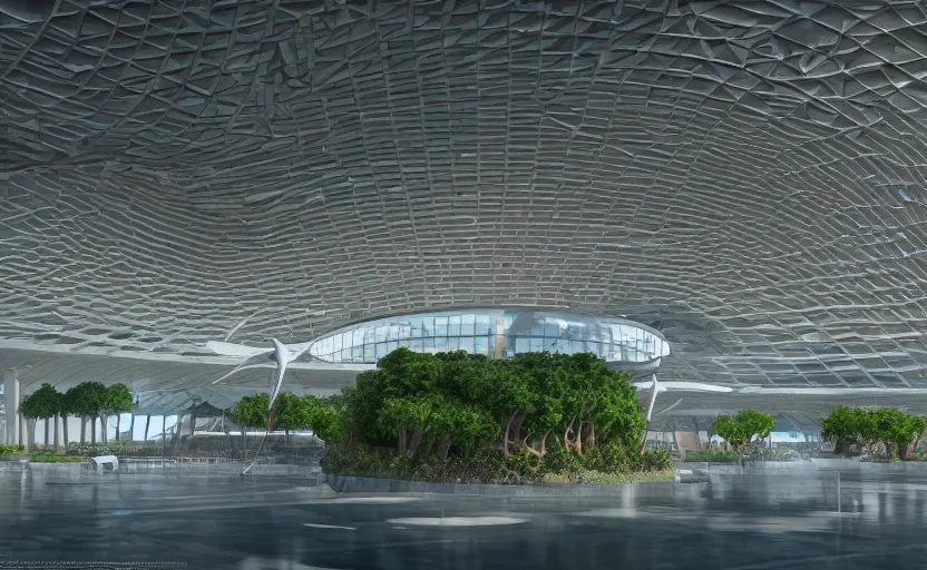 Image similar to futuristic architectural masterpiece dome interior airport with artificial waterfall and trees by frank Lloyd wright and Zaha hadid, detailed, octane render, photo realism, 3D, ray tracing, photo realism, dlsr, 24mm