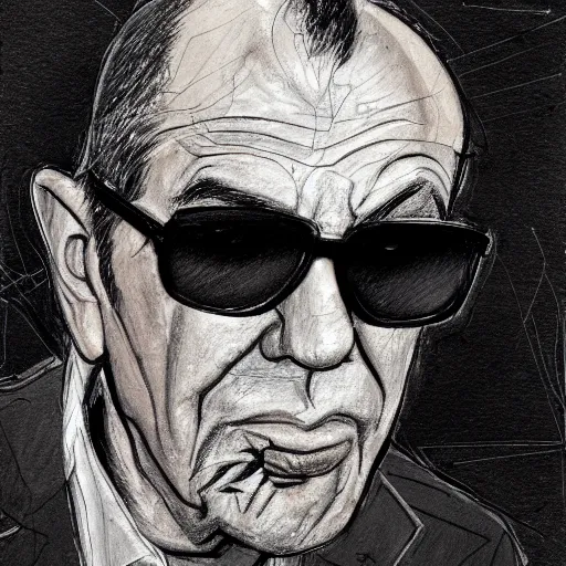 Prompt: a realistic yet scraggly portrait sketch of the side profile of a stern and sophisticated hunter s. thompson, trending on artstation, intricate details, in the style of frank auerbach, in the style of sergio aragones, in the style of martin ansin, in the style of david aja, in the style of mattias adolfsson